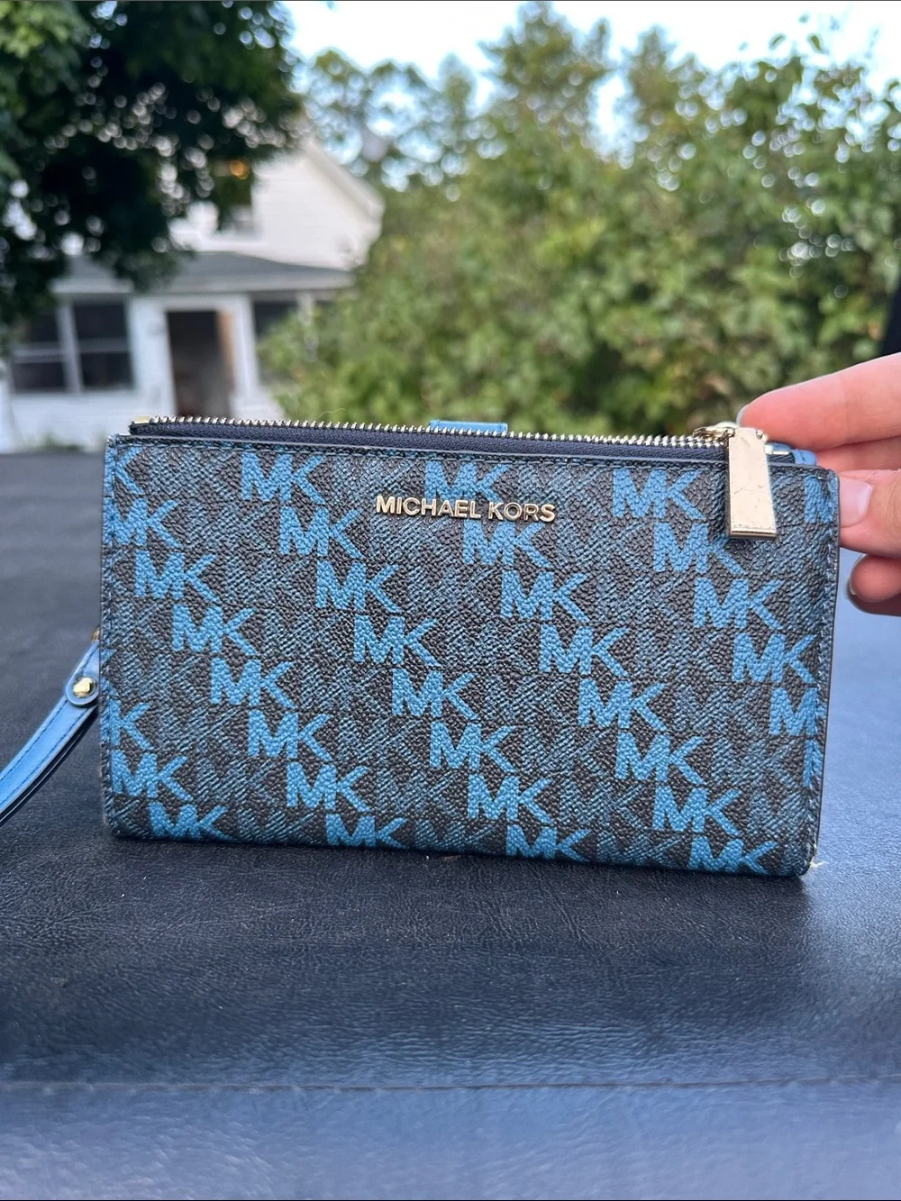 Michael Kors Blue MK Logo Wristlet Wallet with Gold Hardware